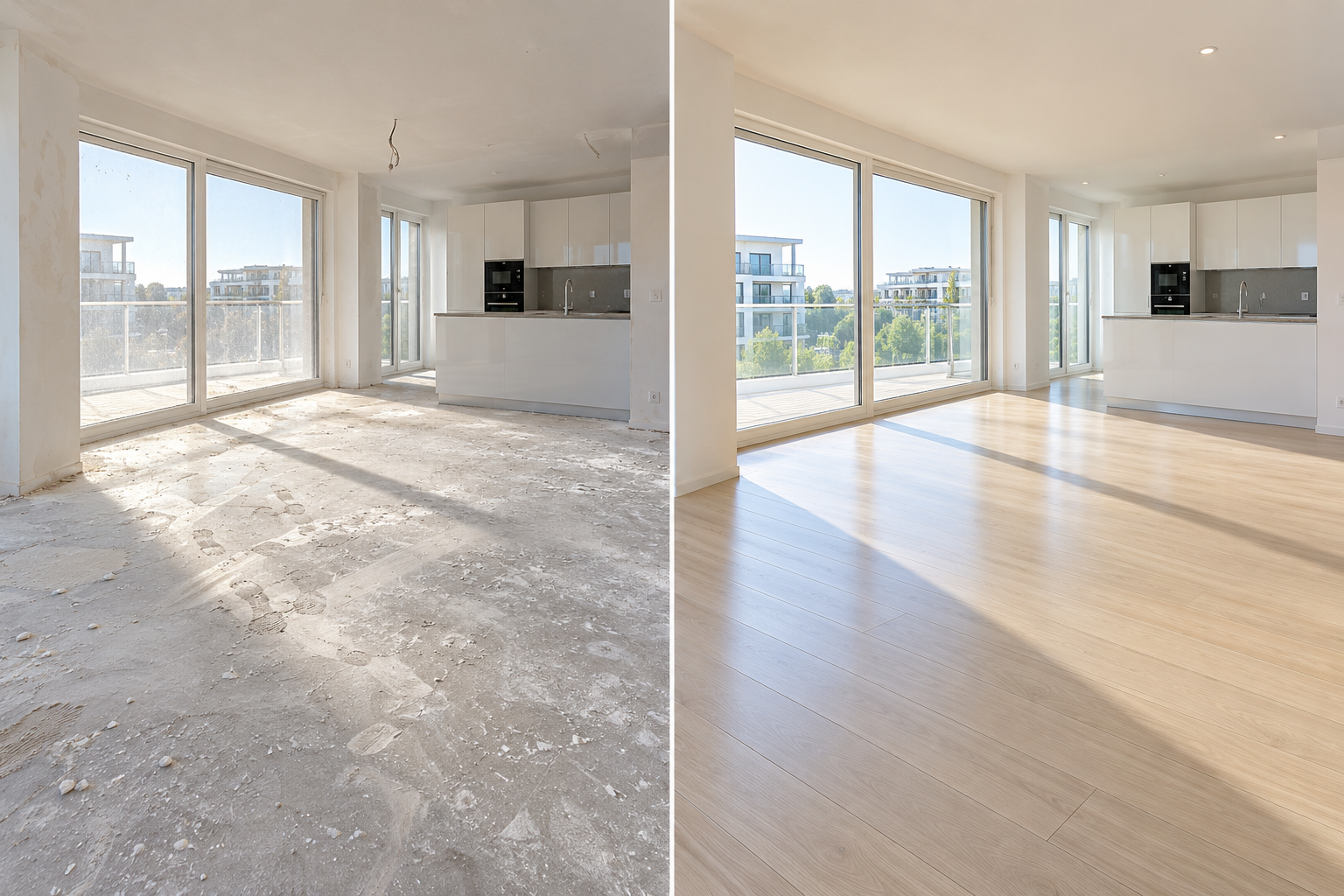 Apartamento pós-obra antes e depois da limpeza