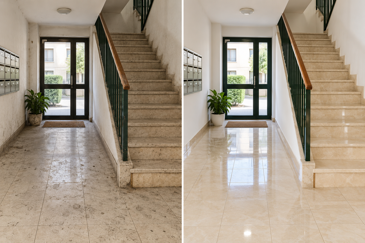 Área comum de condomínio antes e depois da limpeza