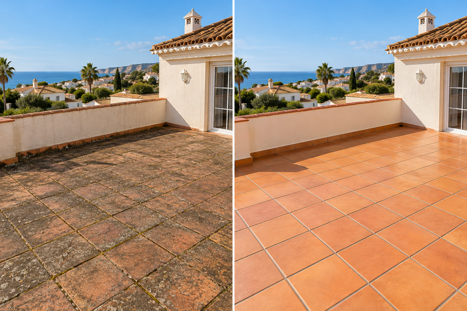 Telhado e terraço antes e depois da limpeza
